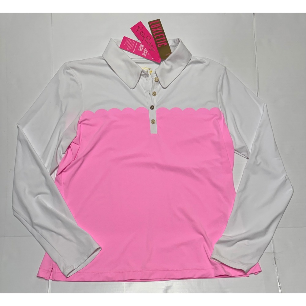 Lilly Pulitzer Luxletic Frida Scallop Polo Shirt Pink White Long Sleeve XL NWT